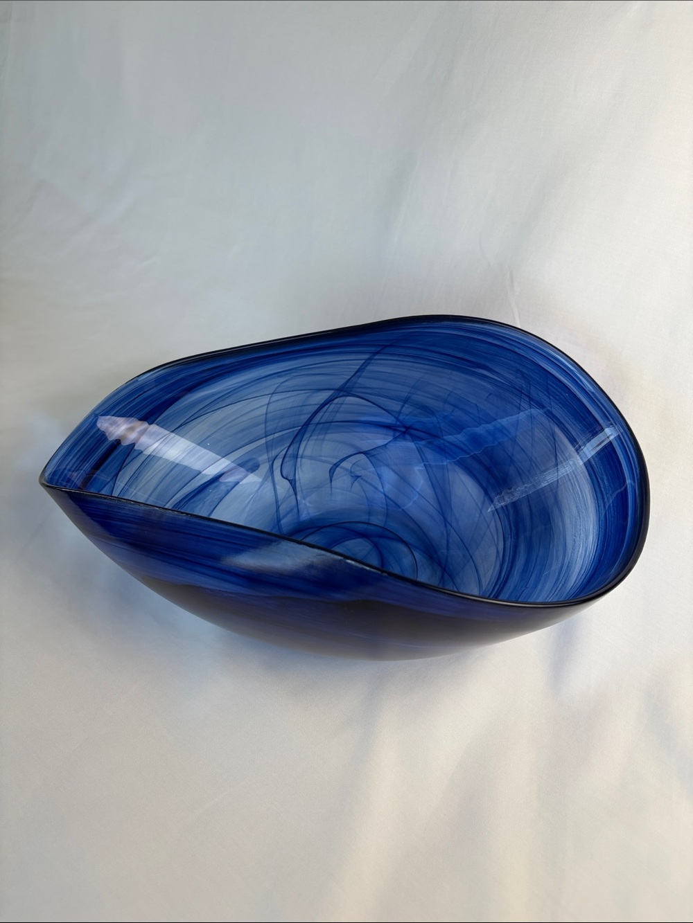 Large Cobalt Blue Swirl Art Glass Asymmetrical Bowl